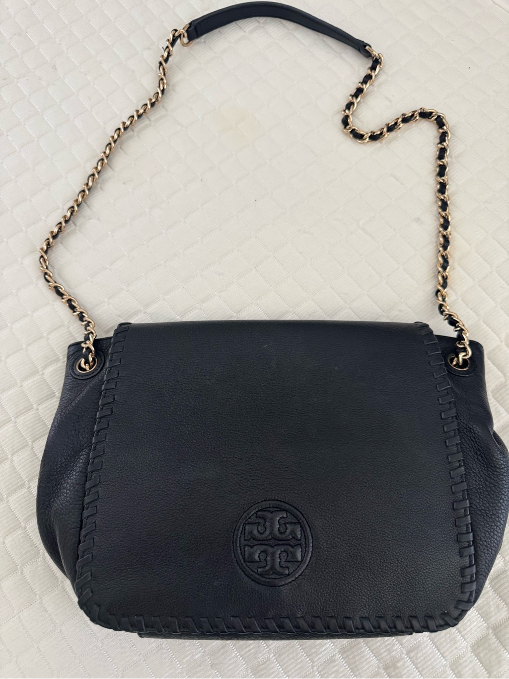 Tory Burch Black Leather Whipstitch Shoulder Bag With Gold Chain